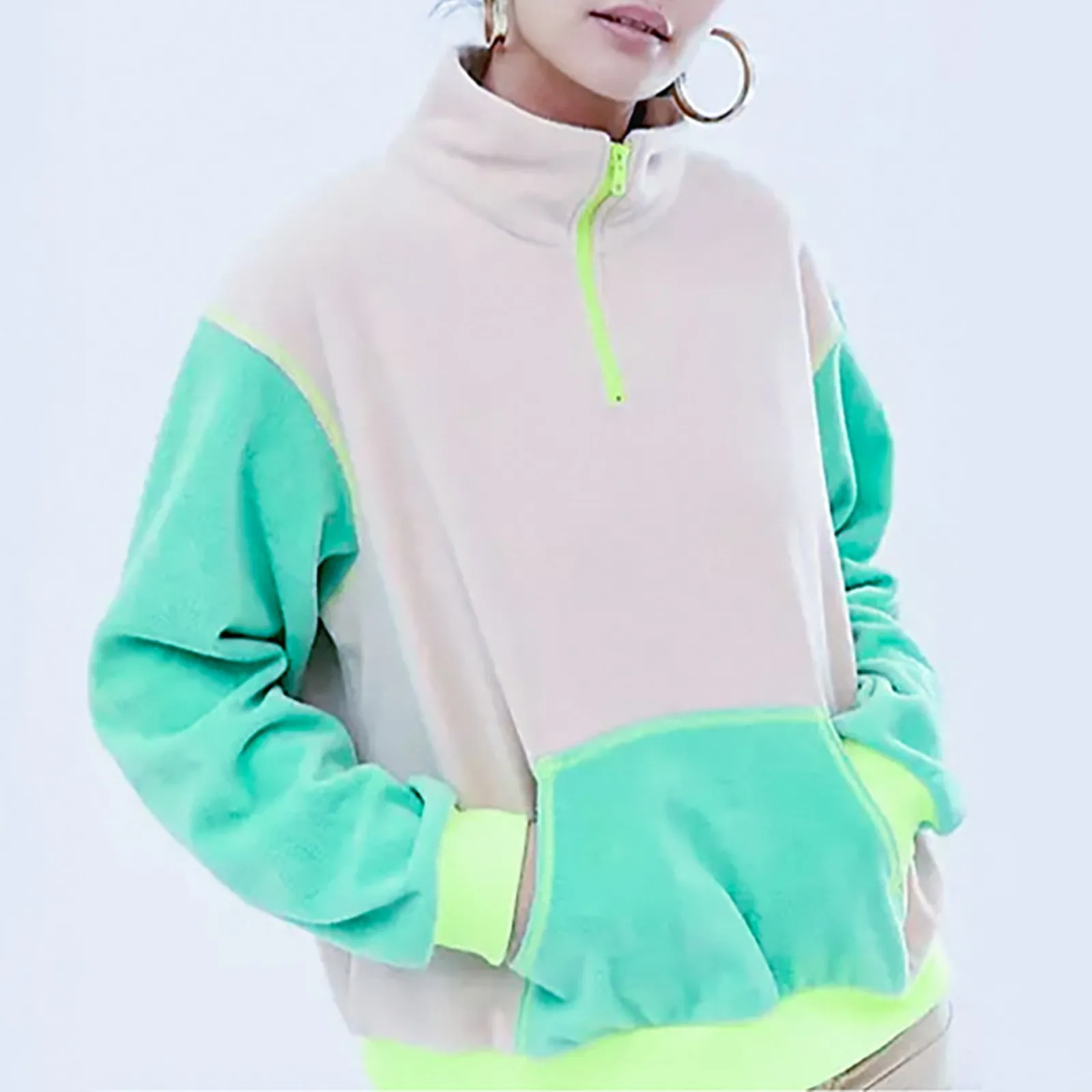 

Women Furry Breathable And Warm Fleece Casual Jacket Solid Color Fluorescent Green Pullover Fashion Sweater