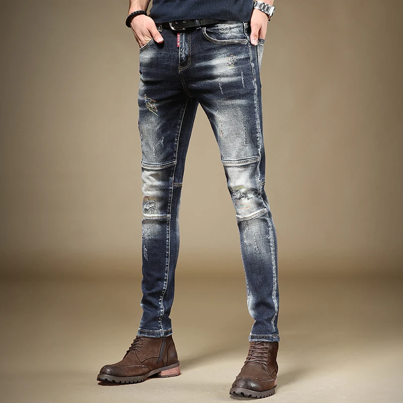Autumn New Men Blue Patchwork Ripped Jeans Fashion Embroidery Straight Pants Slim Fit Casual Cotton Denim Trousers