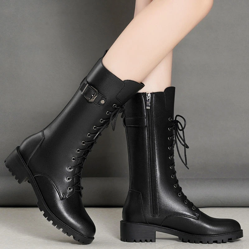 

2022 Autumn and Winter Women's Mid-tube Boots Round Toe Zipper Women's Lace-up Nude Boots Thick-soled Comfortable Casual Boots