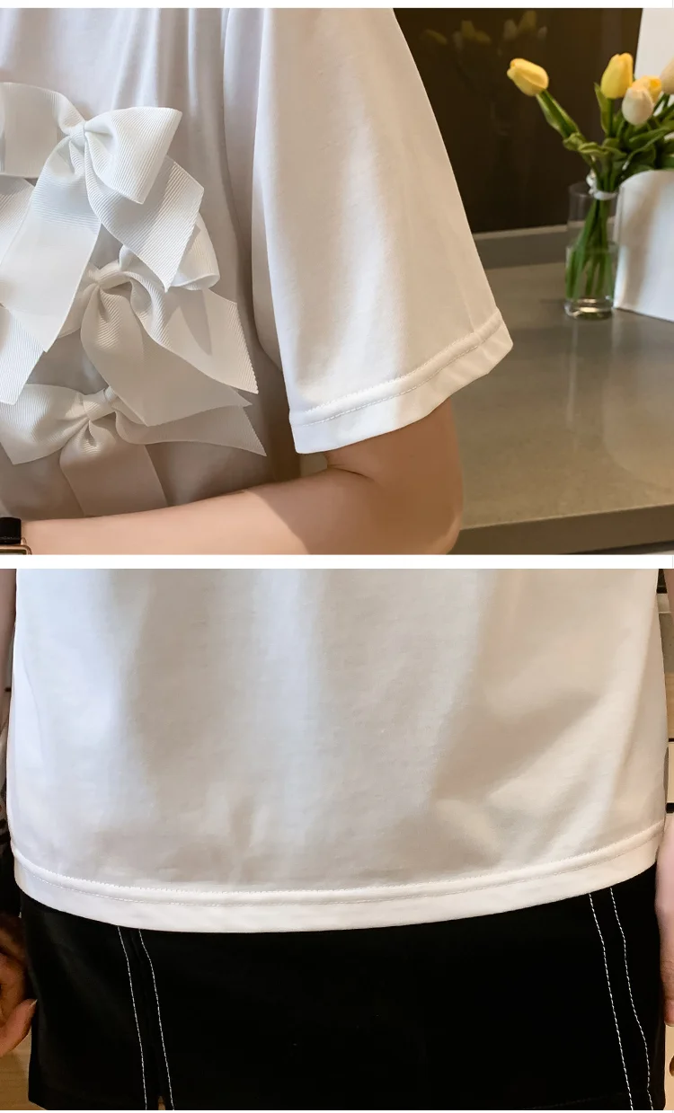 

Ladies Tops Cute Womne Clothing O Neck Tees White 2021 Summer New T-shirt short-sleeved Multiple bows Sweet Tshirts 828H