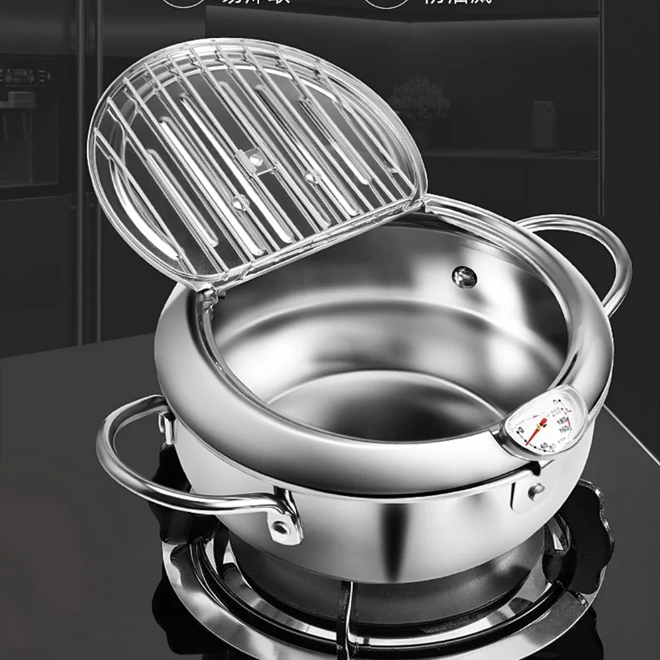 Japanese Deep Frying Pot with a Thermometer and Lid 304 Stainless Steel Kitchen Tempura Fryer Pan Cooking Tools | Дом и сад