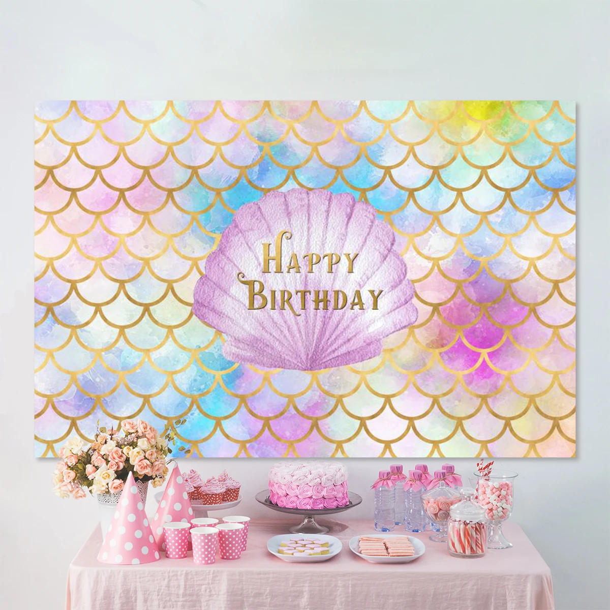 

Pink Mussel Coloful Gold Fish Scales Girls Mermaid Birthday Backdrop Under The Sea Party Photography Backgrounds