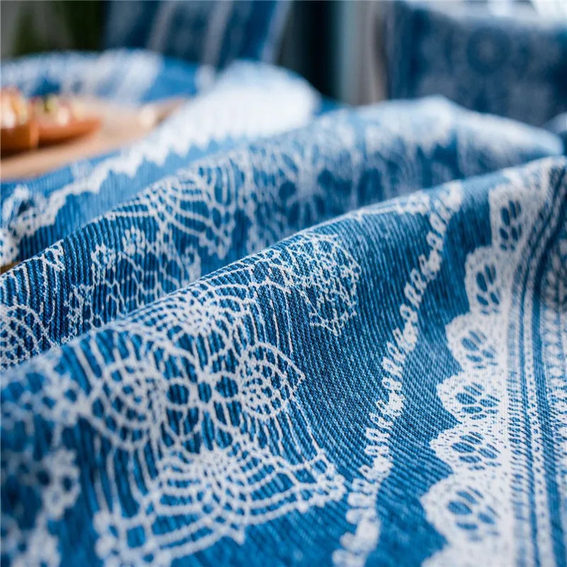 Винтажная хлопковая льняная скатерть синяя кружевная с принтом анти-Грязная для