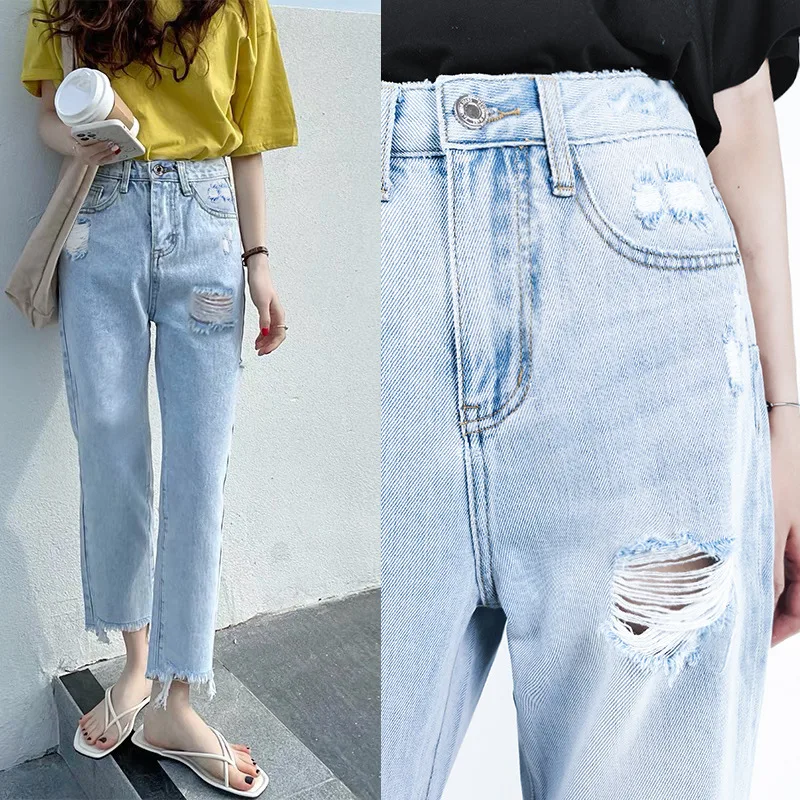 2021 Spring summer new brand women high waist fashion hole design Cropped jeans Loose and versatile straight pants