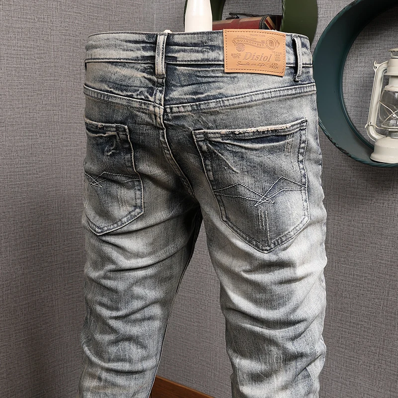 European American Vintage Fashion Men Jeans Retro Yellow Blue Elastic Slim Ripped Jeans Men Embroidery Designer Denim Punk Pants