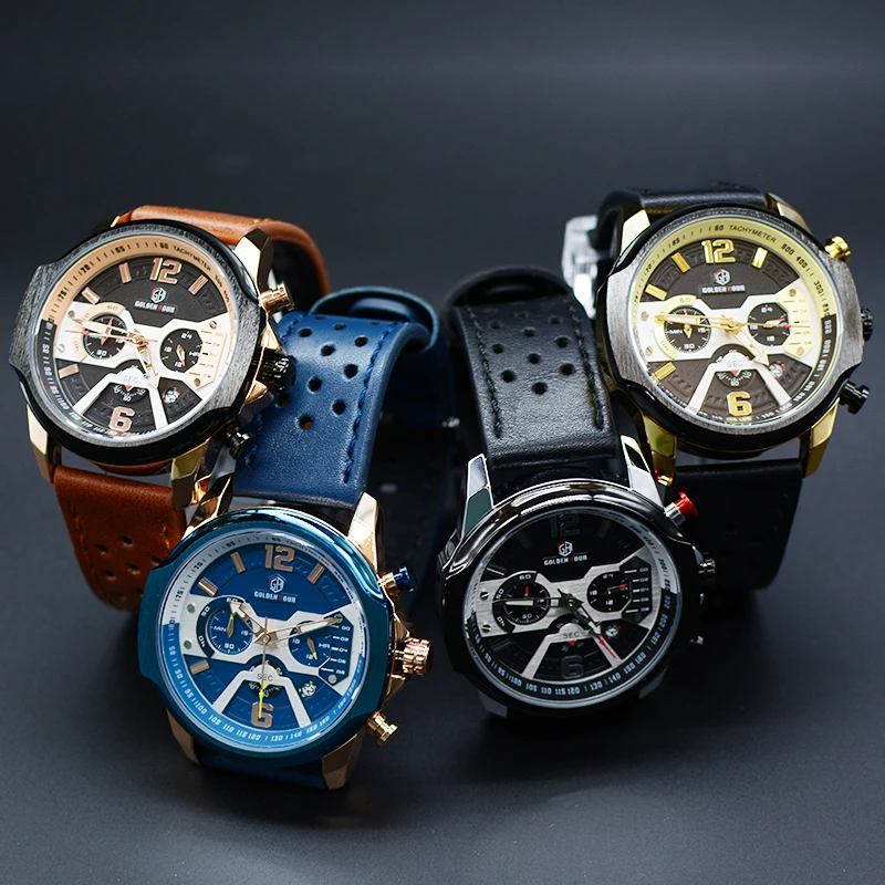 GOLDENHOUR Мужские кварцевые часы с ремешком из натуральной кожи водонепроницаемые