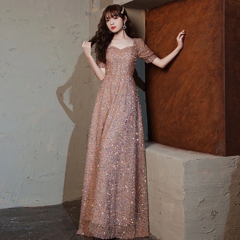 

AE935 Robe De Soiree 2021 Long Evening Dresses V-Neck A-line Floor-length Zipper Back Sequins Simple Woman Formal Party Dress