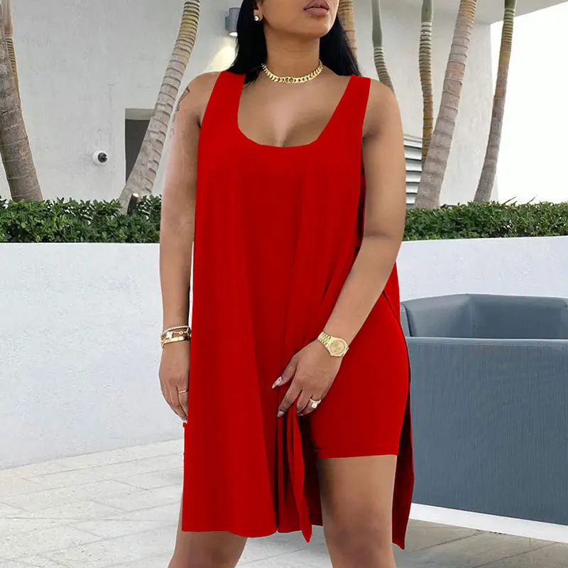 

2022 Summer Women Casual Soft Home Wear Two Piece Oversize Sleeveless High Slit Long Tank Top & Skinny Shorts Set