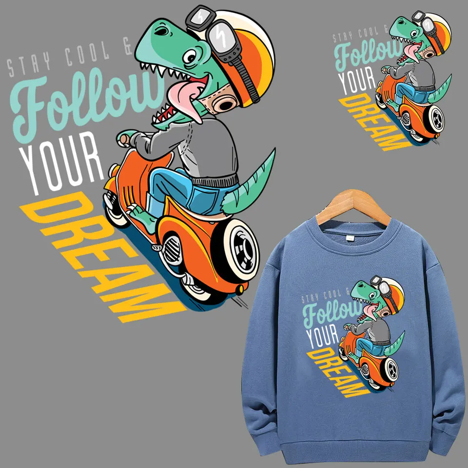 

Motorcycle Iron-on Transfer For Clothing Dinosaur Stripes Clothes Stickers Patches for T- Shirt Printing Thermal Appliques Badge