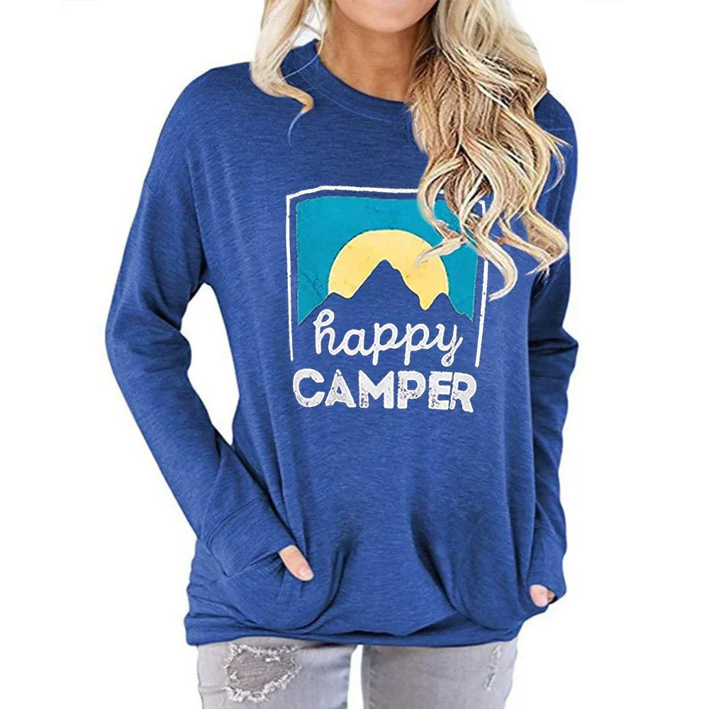 

Autumn Fashion Women's Happy Camper Letter Printing Loose Round Neck Long Sleeve T-Shirt