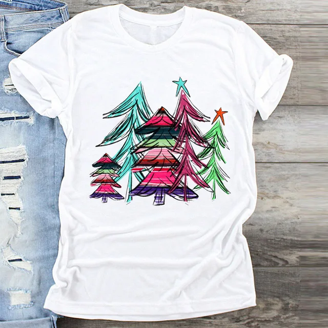 

Christmas Santa Woman Tshirts Claus Christmas Tree Elk Snowman Print Cartoon Happy New Year Holiday t shirts Plus Fashion