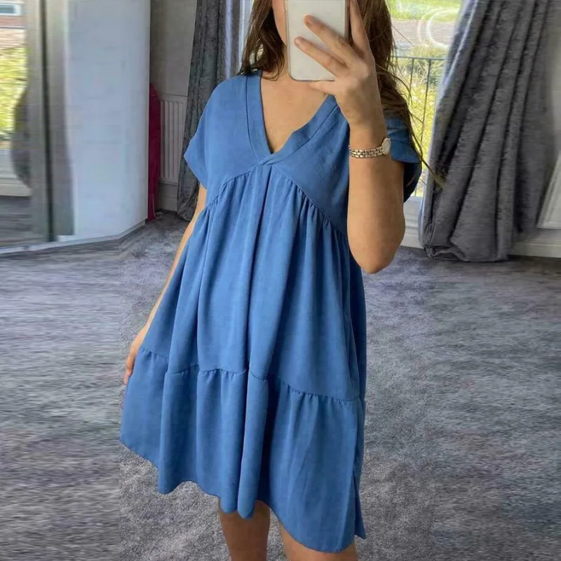 

Women Mini Dress V-neck Solid Short Sleeve Patchwork Pleated Casual Fashion Summer Sexy Dresses
