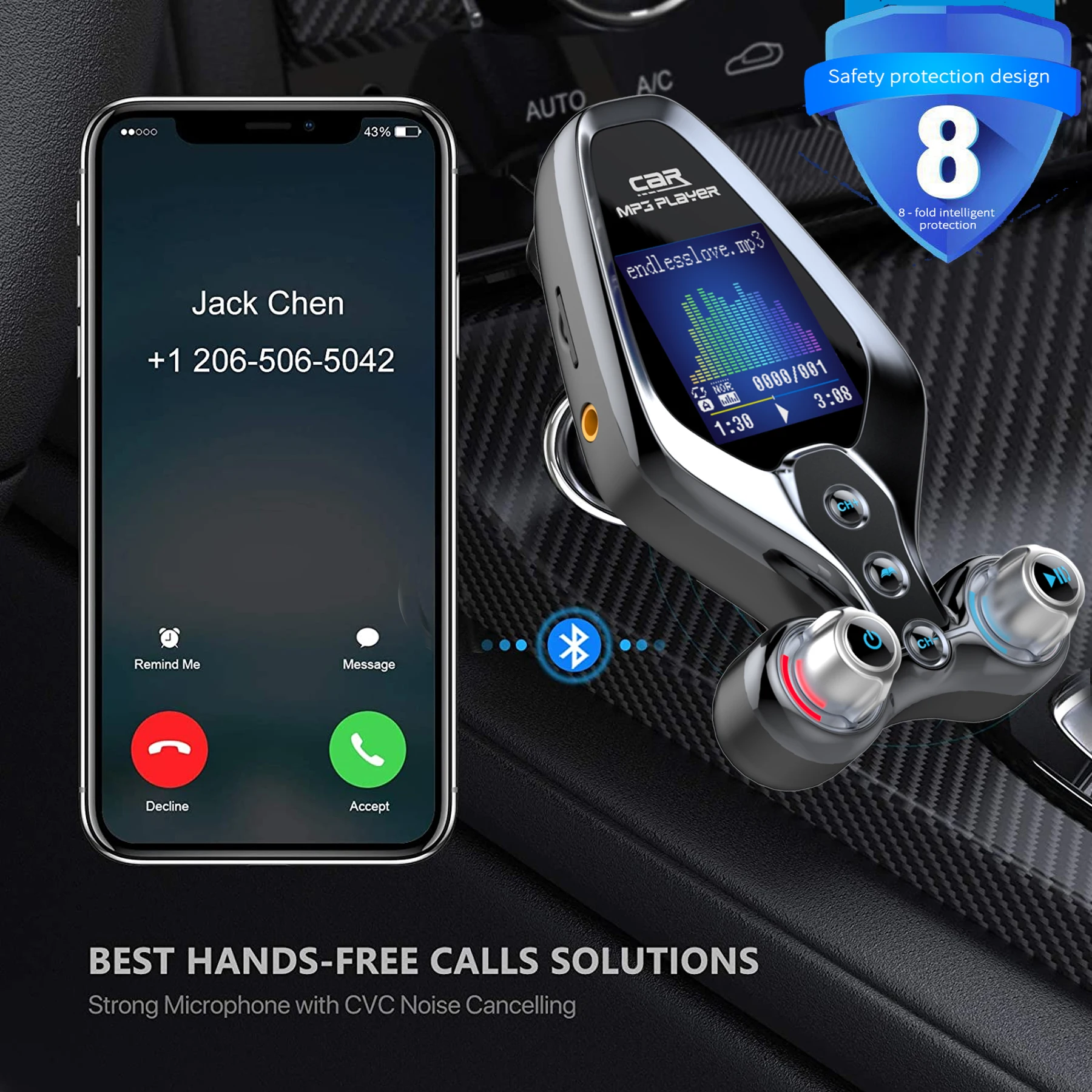 

Bluetooth 5.0 FM Handsfree Transmitter One Key Power On/Off EQ Mode Car MP3 Music Player QC3.0 Dual USB Charger Folder Player