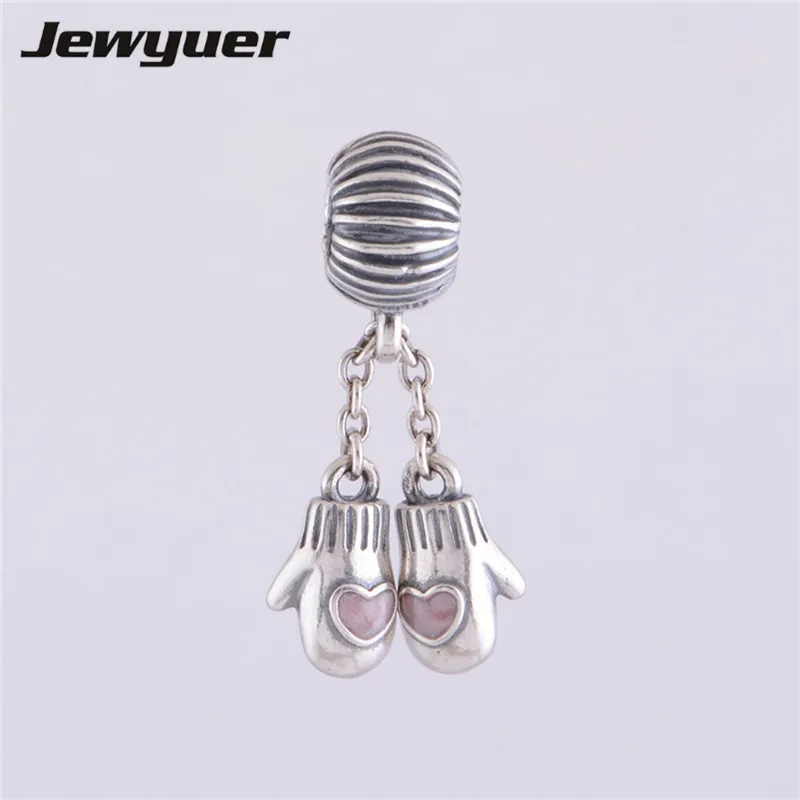

100% 925 Sterling Silver Pink Woollen Mittens Dangle Charms Beads For Jewelry Making Fit necklace pendant DIY fine jewelry DA053