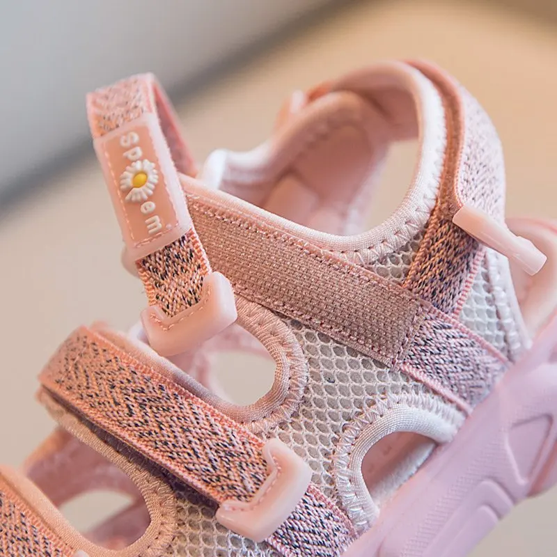 Сандалии Детские сетчатые с цветочным рисунком мягкие босоножки на липучке