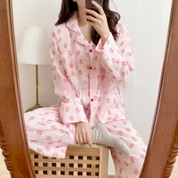 qweek cotton pajama sets strawberry print sleepwear women kawaii loungewear pink pijamas cute pyjamas long sleeve home clothes