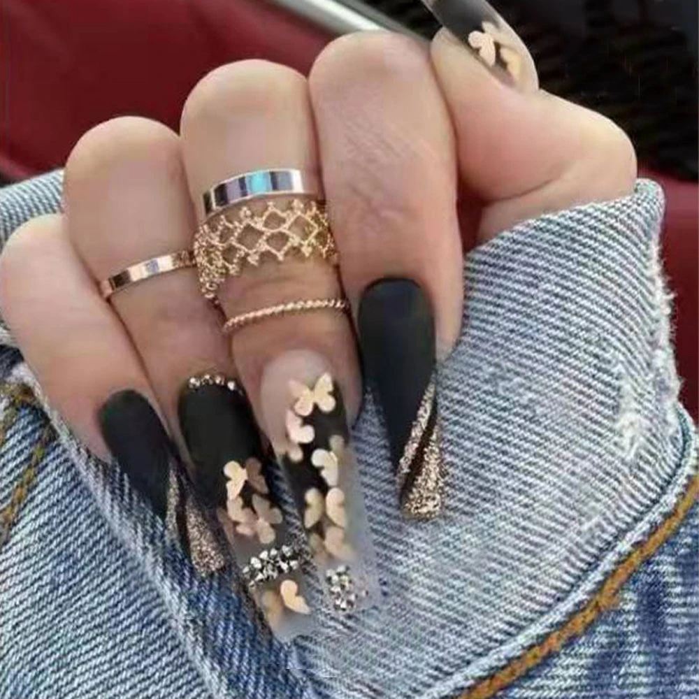 

Golden Butterfly Pattern False Nails With Diamond Full Cover Fake Nails Glue Manicure Nail Art Tools Long Coffin Ballerina Nails