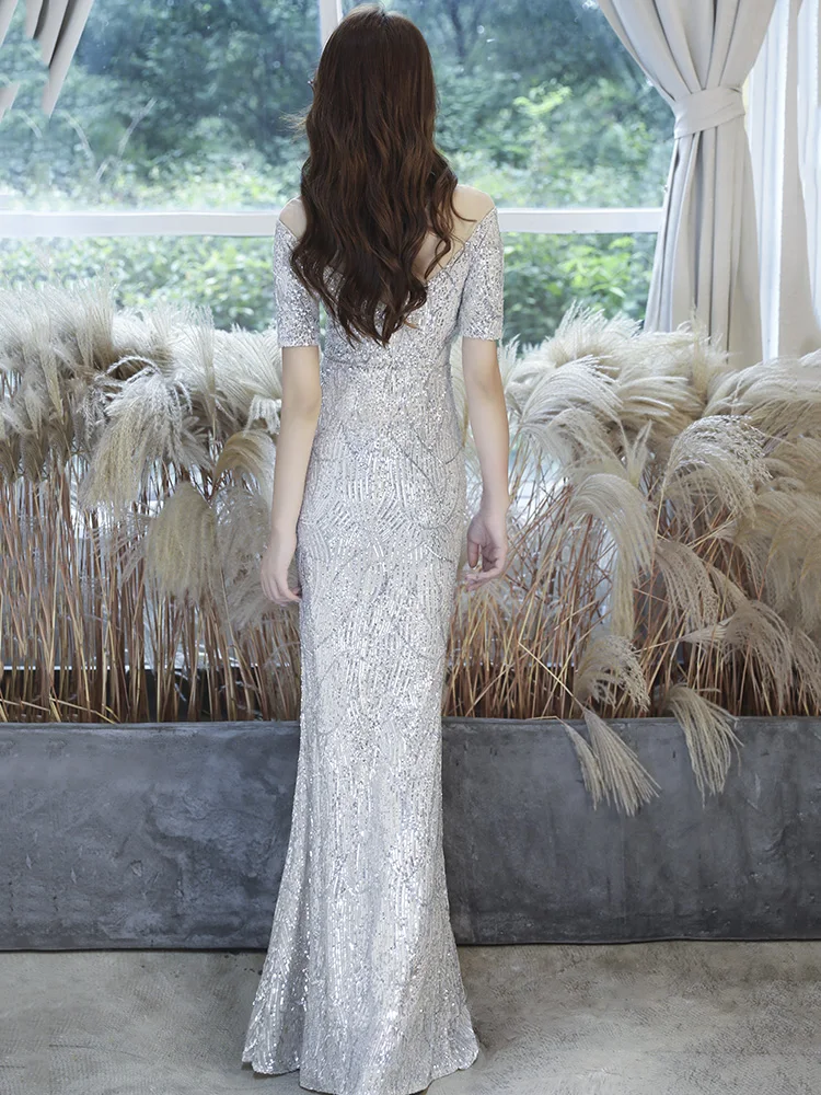 

YIDINGZS Elegant Sequin Evening Dress 2021 New Sliver Dress Long Women Party Dress