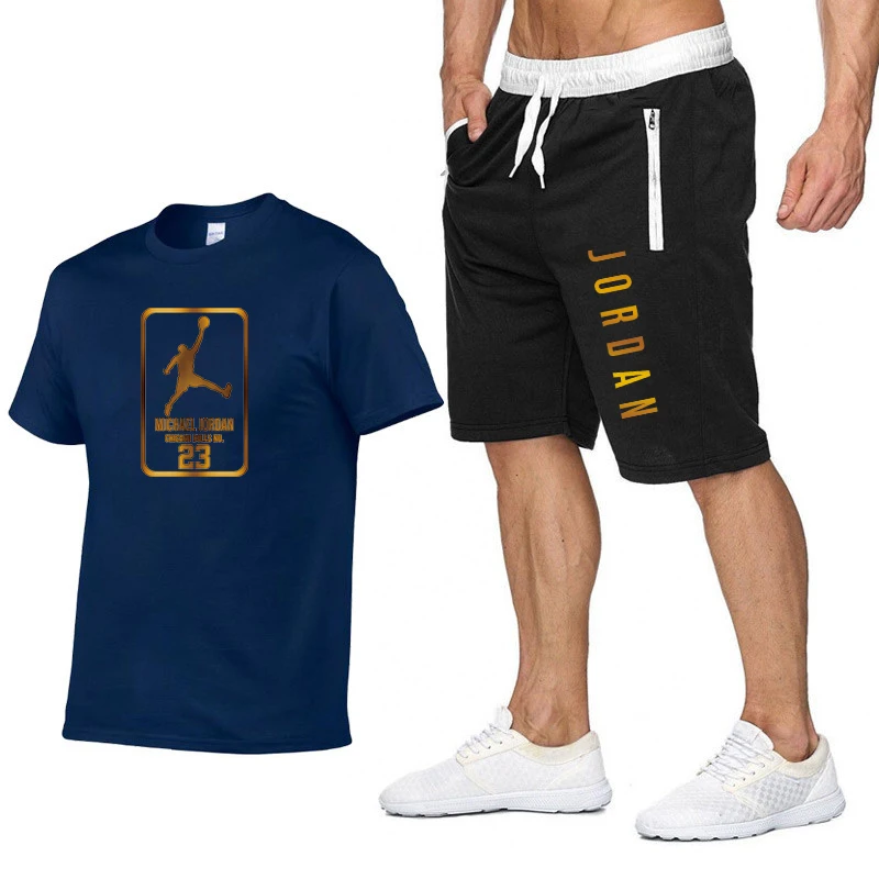 

2021Summer Men's T-shirt Set 2-piece Men's Sportswear Suit Basketball Sports Fitness Jordan-23 Printed Short Sleeve + Men's Suit