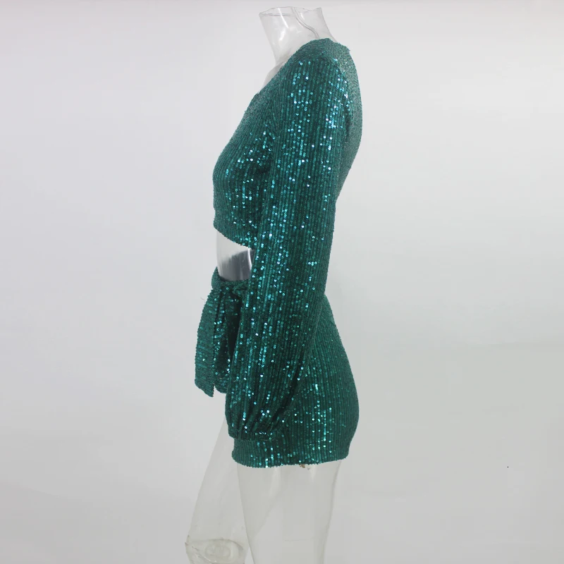 Fuedage Sequins сексуальный комплект из двух предметов Блестящий сверкающий топ и штаны женский комплект 2 шт. с пышными рукавами и v-образным вырезом женские комплекты из двух предметов