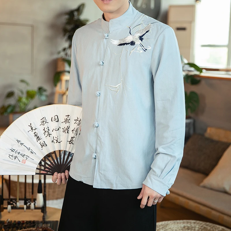 

Рубашка мужская из хлопка и льна, с вышивкой, длинными рукавами и воротником-стойкой, традиционный костюм в стиле династии Тан