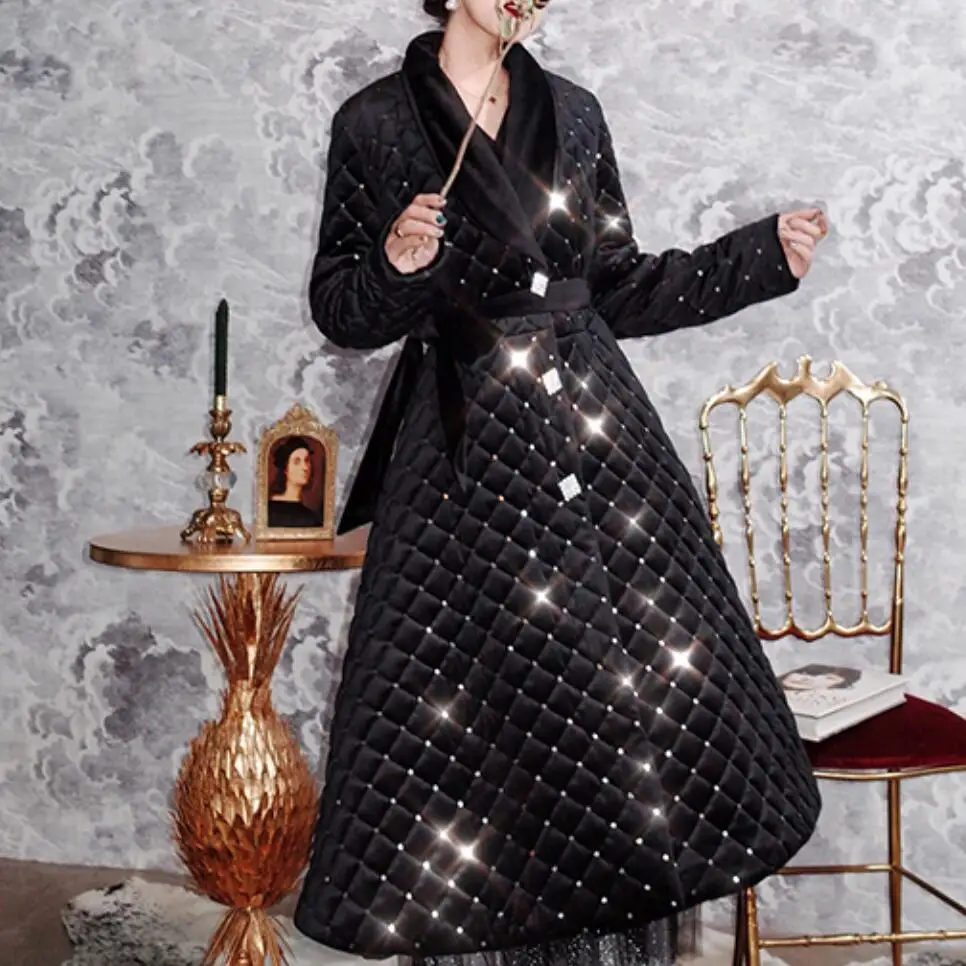 Женская Стеганая куртка с отложным воротником Зимняя Толстая бархатная длинным