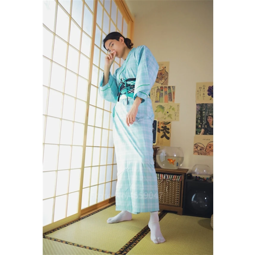 

Japanese Traditional Kimono For Men Male Asian Exotic Fashion Warrior Cosplay Plaid Yukata Nightgown Pajamas Bathrobe With Obi