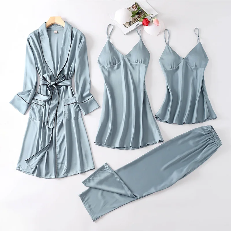 

Satin Sleepwear Female with Chest Pads Sexy Women Pajamas Lace Silk Sleep Lounge 4 Pieces Sets Ladies Indoor Clothing pajamas