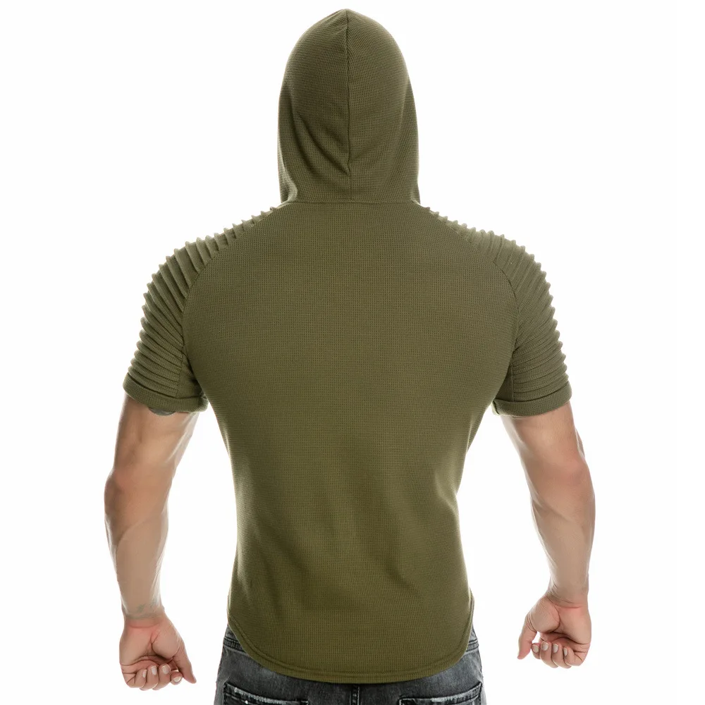 

20121 Men's Solid Color Round Neck Hooded Short-sleeved T-shirt Arm Fold Stitching Casual Men T-shirt Trend Men Clothing