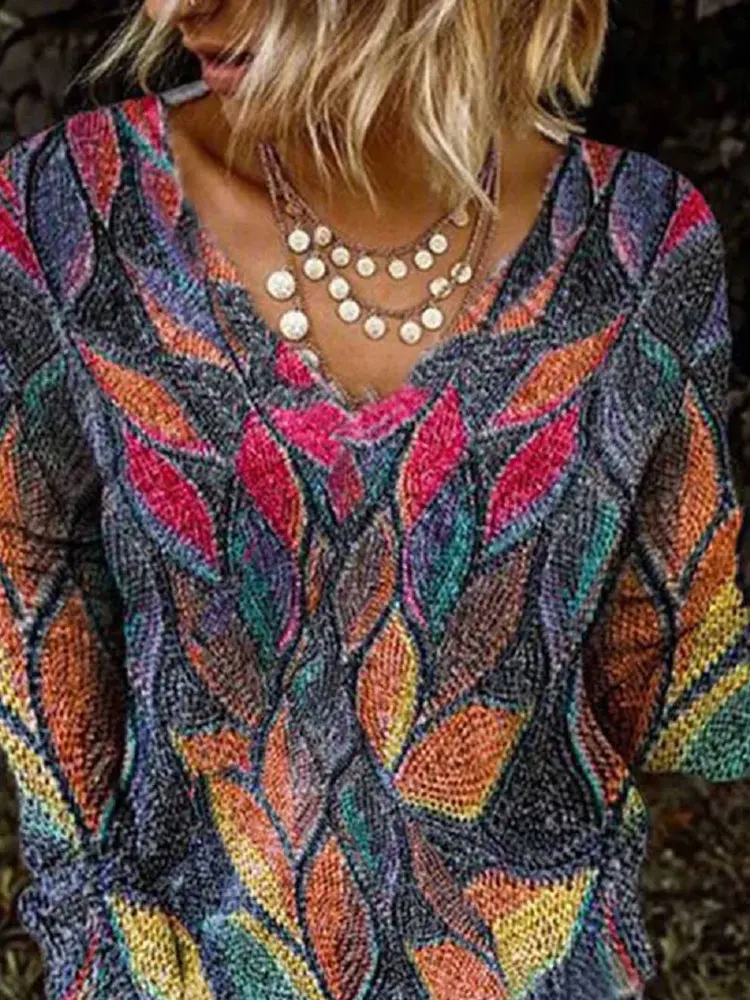 

2020 Leaves Printed Women Casual Autumn Winter T Shirts V-Neck Long Sleeves Pullover Tops For Female