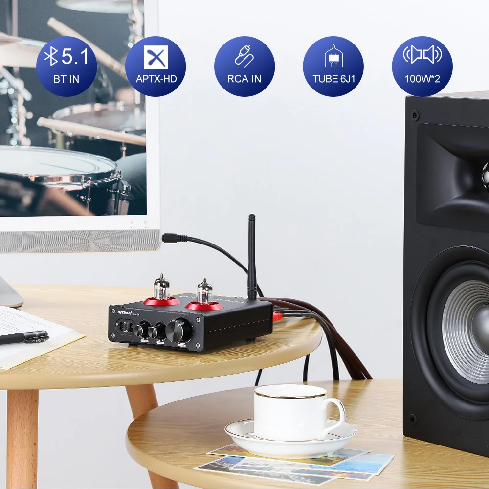 

AIYIMA Bluetooth 5.1 6J1Tube Amplifier TPA3221HIFI 100W2 Stereo Digital AMP QCC3031 APTX-HD Treble Bass Control Home Theater