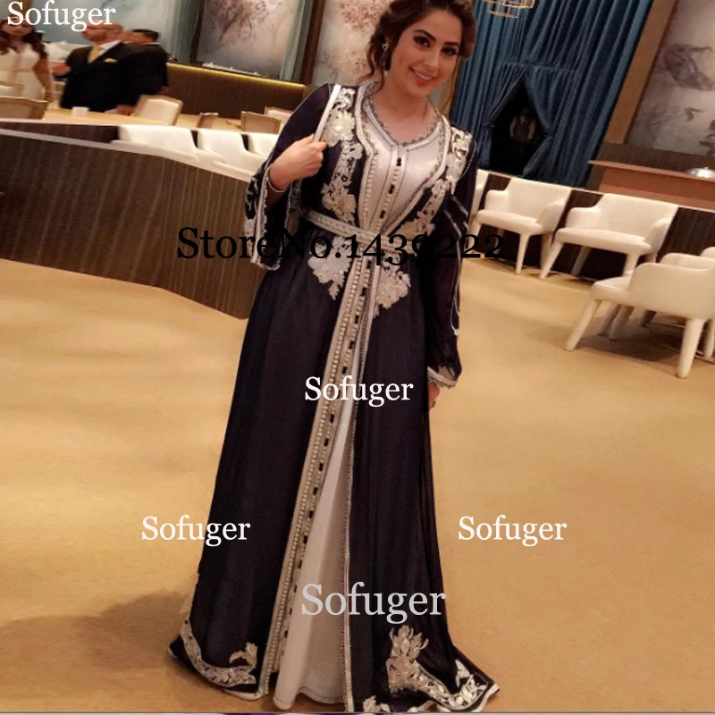 

Black Long Moroccan Kaftan Evening Dresses Sash Appliques Karakoualgerois Tradition Dress Arabic Muslim Special Occasion Plus