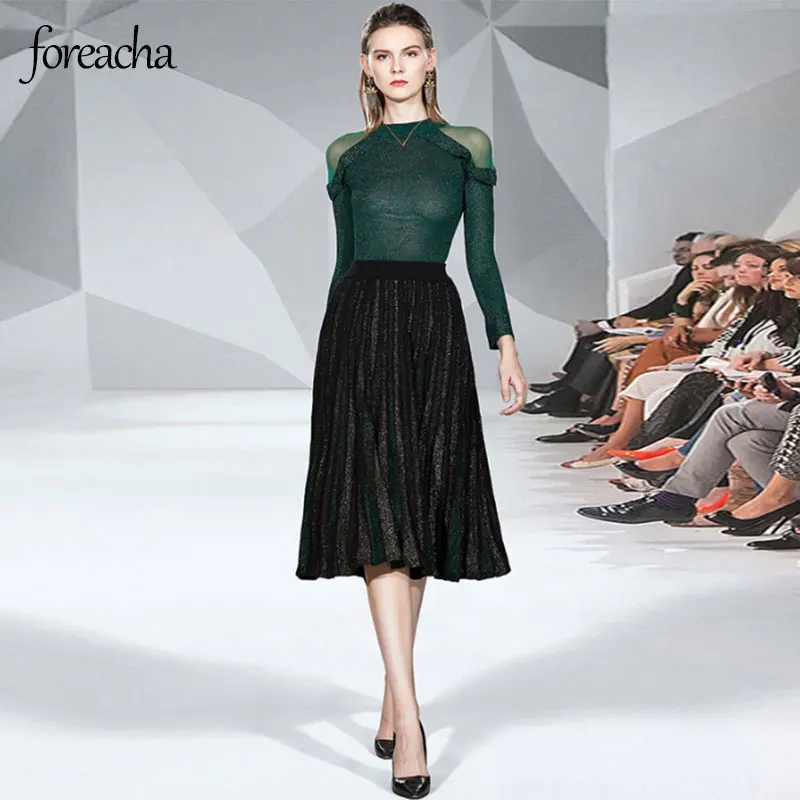 

foreacha ladies round neck long-sleeved green mesh knit sweater pleated large swing type mid-length skirt two-piece Knitted suit