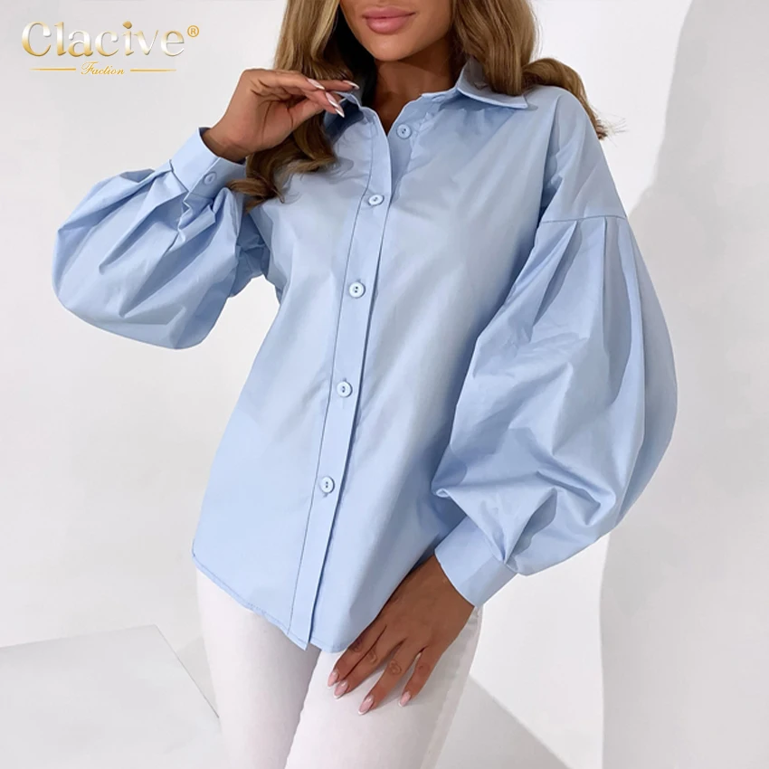 

Clacive Elegant Lantern Sleeve Office Women'S Shirt Vintage White Turn Down Collar Fashion Blouses Ladies Casual Shirts Female