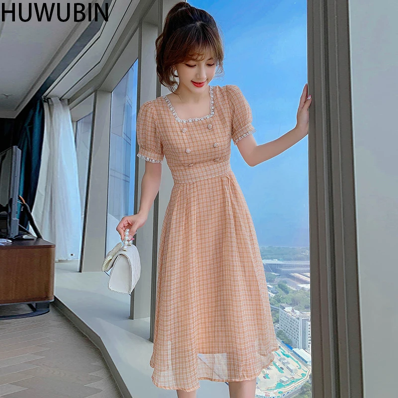 

Summer New Sweet And Gentle Wind With Thin Waist And Lady Temperament Plaid Short Sleeve Square Collar Super Fairy Dress 2021