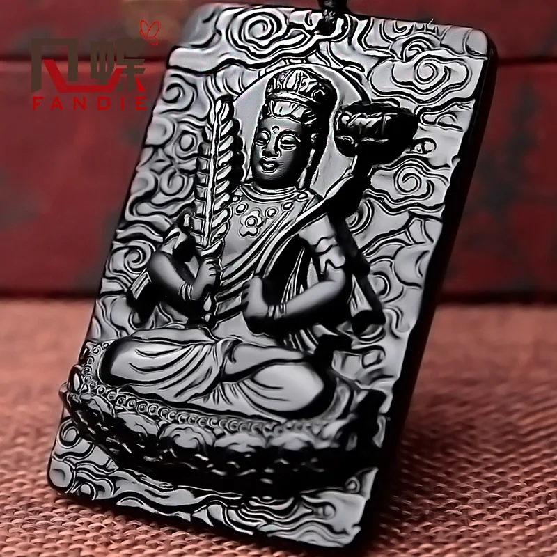 Ожерелье из бусин натурального черного обсидиана ручной работы кулон Будды