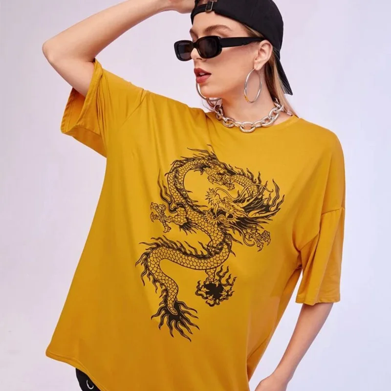 Yellow Dragon Funny Tumblr T-shirt Grunge Outfit Aesthetic Clothing Summer Fashion Women Cotton t shirts
