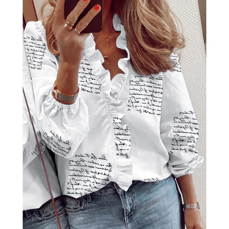 

XUXI Women Fashion Shirt Summer 2021 Long Sleeve Ruffle Blusas Mujer De Moda E1942