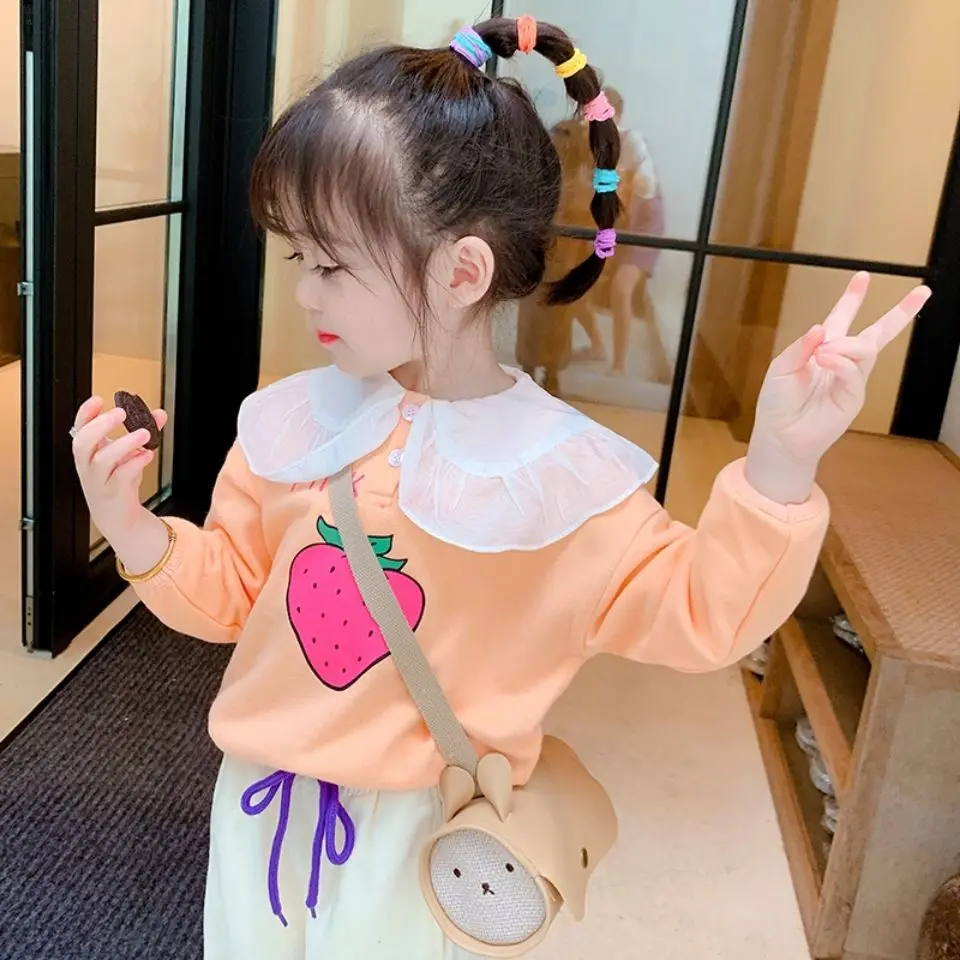 

Детская футболка с длинным рукавом 2020 Осенняя Новинка для маленьких девочек, милый свитер с отложным воротником, с принтом на каждый день ...