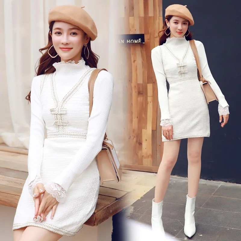 

New Runway Autumn white knitted Bodycon sweater + v neck mini Elegant women Tweed sweet Dresses vestidos 2Pcs set