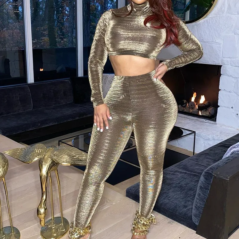 

Fall/winter New Large Size Black Women's Pullover Solid Tight-fitting Long Sleeve High Collar Two-piece Suit Sexy & Club