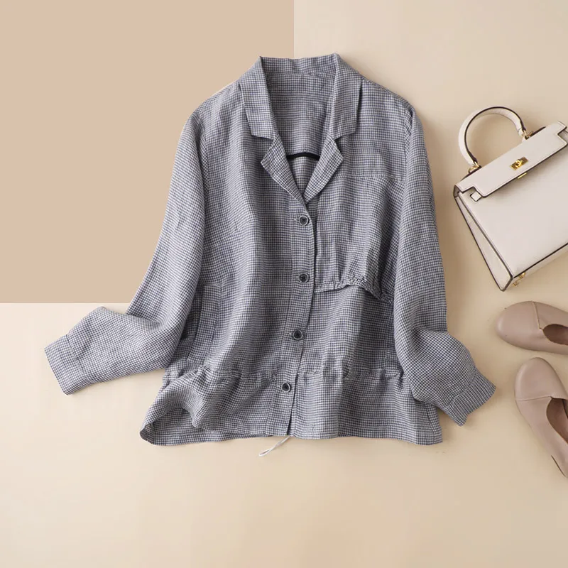 

Artistic Plaid Casual Drawstring Women's New Style Coat Autumn Linen Long Sleeve Clothes Single Breasted