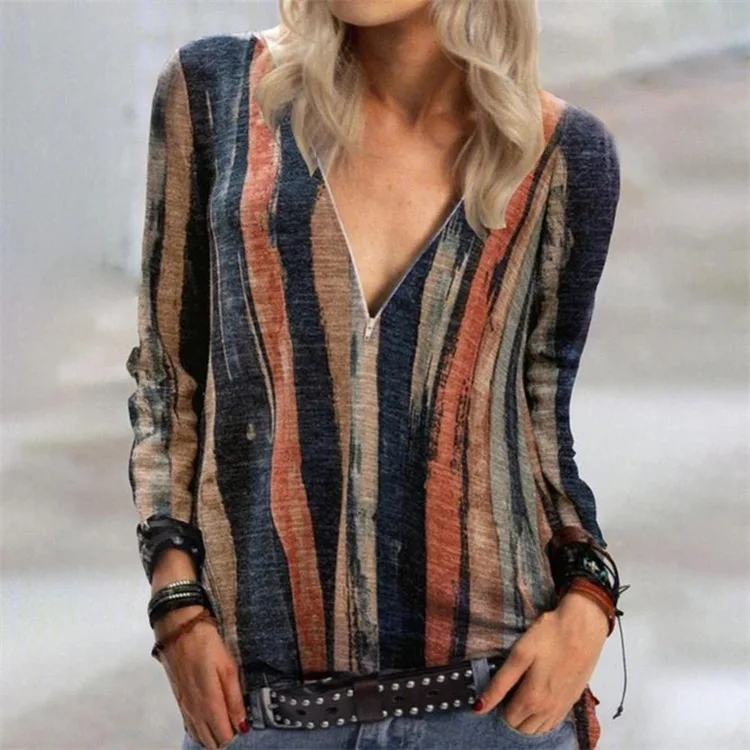 Женская винтажная блузка размера плюс с геометрическим принтом на молнии v образным вырезом рубашки