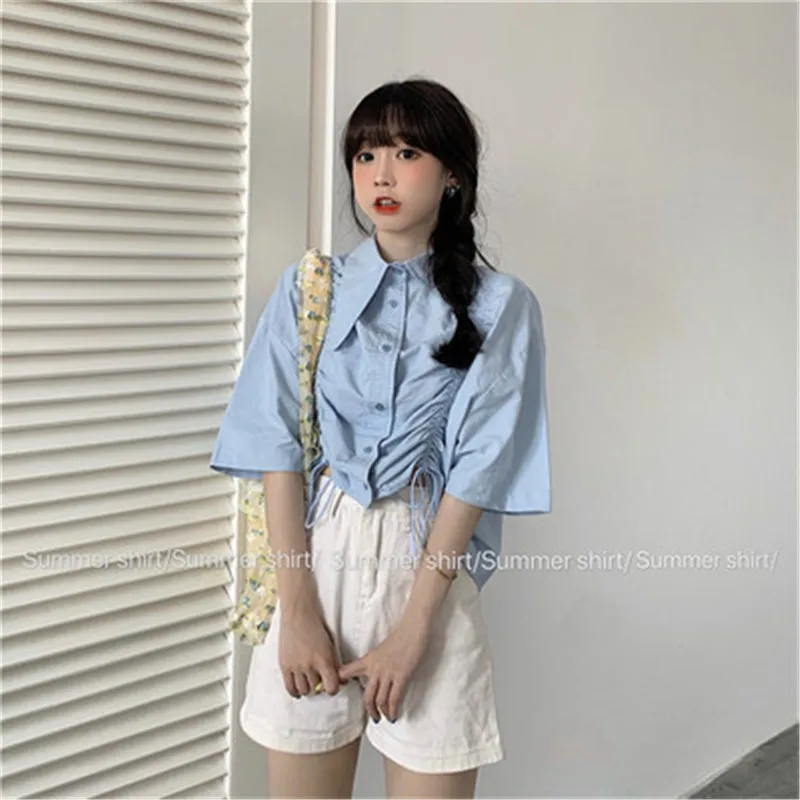 

2020 New Arrivals Women Blouse Shirt Chic Drawstring Short Sleeve Blusas Sweet Gril Cotton Tunic Verano