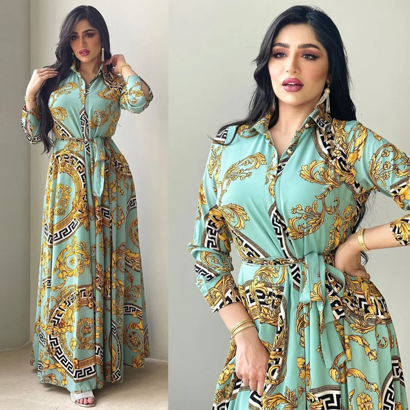 Long Sleeve Print Muslim Dress Women Ethnic Kaftan Collar Shirt Dress Abaya Dubai Caftan Marocain Evening Dresses Djellaba Femme