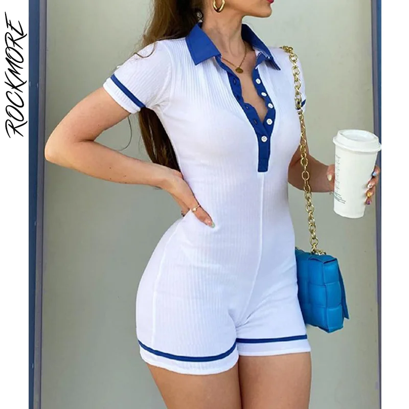 

Rockmore Ribbed Knitted playsuits and jumpsuits summer sexy Short Sleeve Bodysuits For Women Casual Bodycon Rompers Streetwear