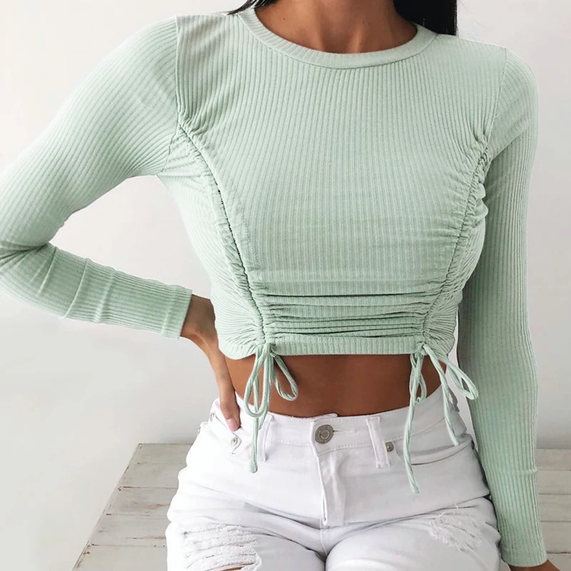 

Женские топы с круглым вырезом, женская футболка, укороченный топ, бандажная Сексуальная женская уличная одежда с длинным рукавом, осенняя ...