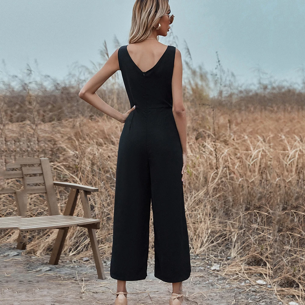 

Black Chiffon Jumpsuits For Women 2021 Summer Sleeveless Button Up V Neck Ladies Casual Loose Slim Vintage Overalls Bodysuits