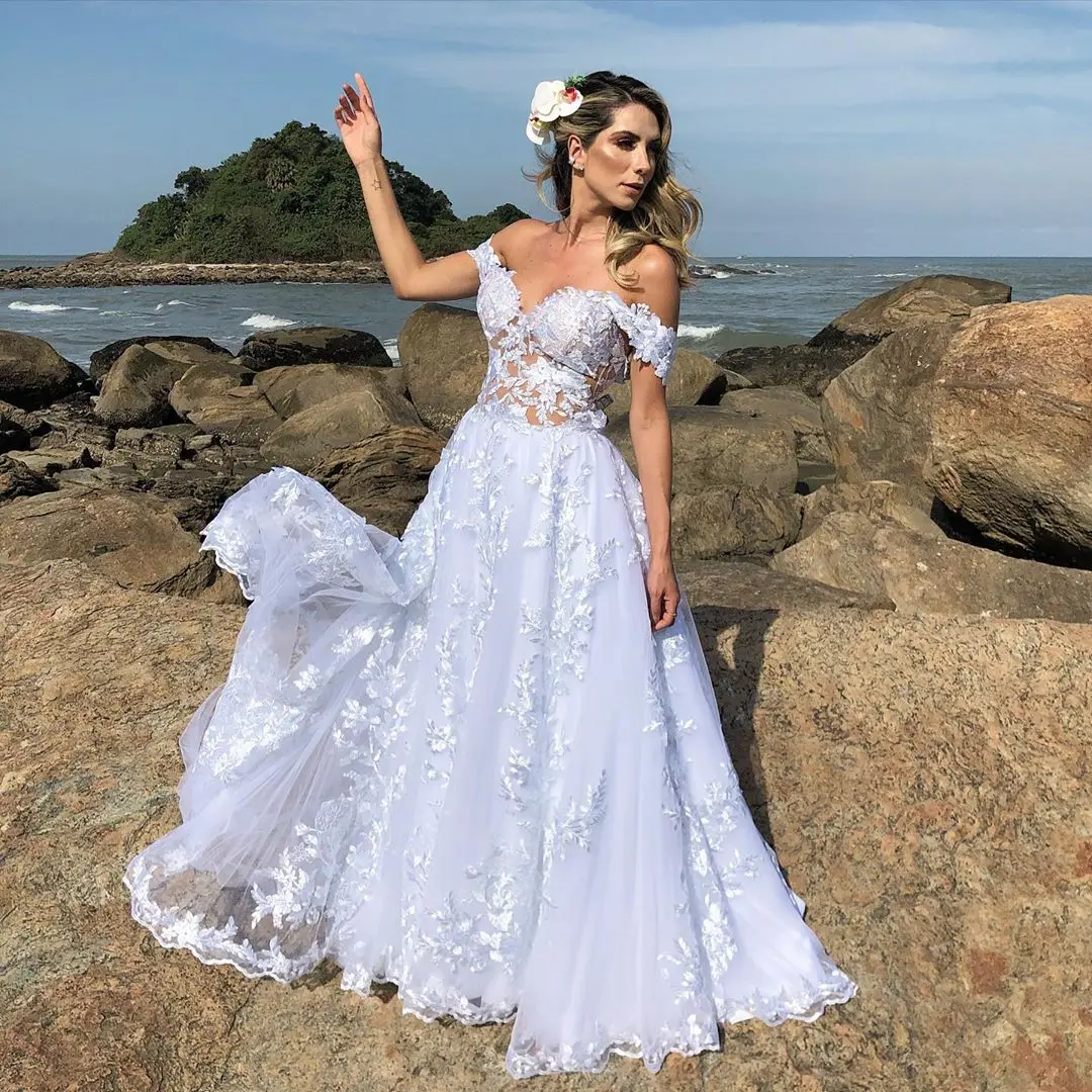 

2020 Royal White Sweetheart Off Shoulder Boat Neck Wedding Dresses with Applique Backless A-Line Bridal Gown vestidos de novia