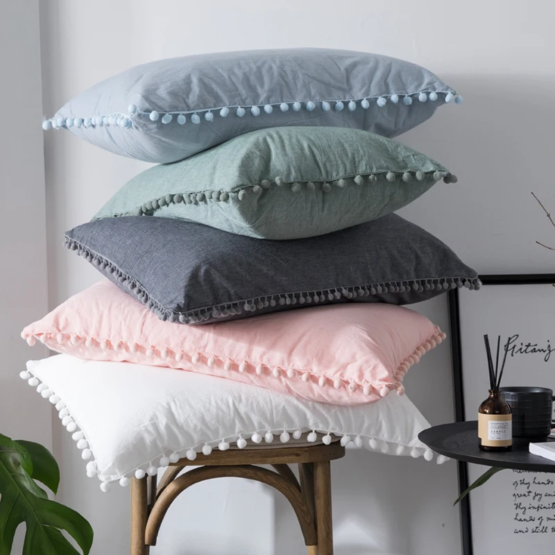 

Solid Cotton Pillowcase Home Hotel Bedding Super Soft Pom Pillow Cover Wedding Gift Design Sleeping Pillow Case For Couple